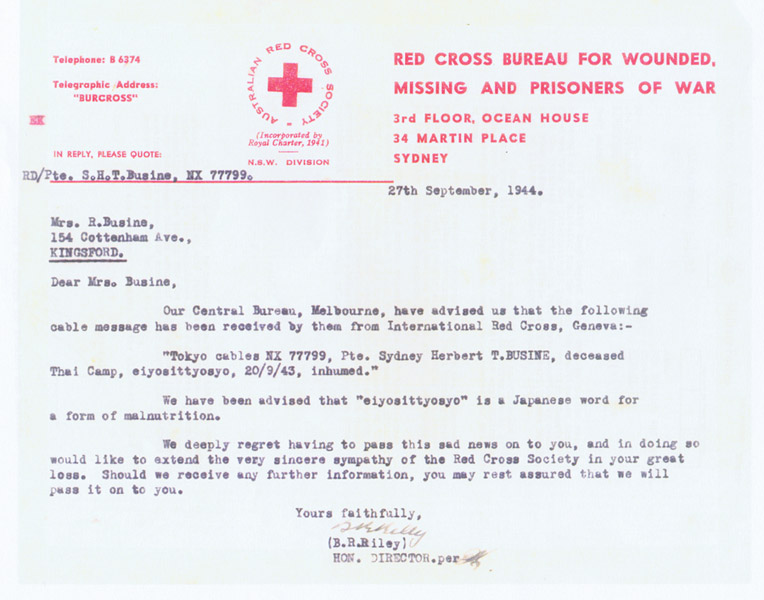 Letter to Mrs. Busine
Letter from the Red Cross to Mrs. Rheita Busine informing her of the death of her husband, NX77799 - Pte. Sydney Herbert Thomas BUSINE 
