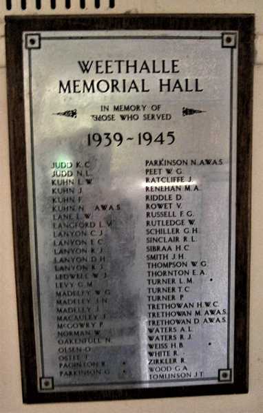 Weethalle War Memorial Hall - Memorial Plaque (WW2 - J to Z)
The Weethalle War Memorial Hall plaques, which commemorate all those from the district who served in various conflicts.

Members of the 2/30th listed on the plaques are:
1) NX37300 - Pte. Valentine Alfred William HENNING
2) NX36483 - Pte. Harry Blanch WEISS

Val Henning's brothers are also listed on the memorial:
1) N6338 Pte. Walter Joseph Edward HENNING, 2 Australian Independent Farm Platoon
2) RAAF 131038, Leading Aircraftman - Francis Henry Thomas “Frank” HENNING, 12th Squadron
Keywords: Weethalle, NX36483