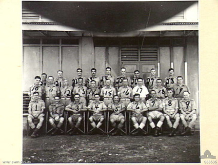 HQ Northern Territory Force
AWM caption reads:
DARWIN, NORTHERN TERRITORY. 1945-04-04. GROUP OF SERGEANTS OUTSIDE THE SERGEANTS' MESS, HEADQUARTERS NORTHERN TERRITORY FORCE.

2/30 Battalion Association notes:
NP5862 (NX150879) - Pte. Levis Frederick (Cappy) BLIGH was attached as the Armourer to the 2/30 Battalion at Tamworth, NSW in 1940. He eventually transferred to the AIF (Army Number NX150879) and after service in New Guinea, was posted as Sergeant to HQ NT Force. He was discharged on 15/7/1948.


Keywords: 100102b
