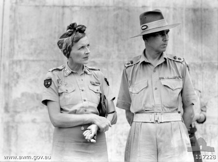 Lady MOUNTBATTEN and Black Jack GALLEGHAN
Australian War Memorial caption reads:
SINGAPORE, STRAITS SETTLEMENTS. 1945-09-12. LADY EDWINA MOUNTBATTEN, SUPERINTENDANT IN CHIEF ST JOHN AMBULANCE BRIGADE, WIFE OF THE SUPREME ALLIED COMMANDER, SOUTH EAST ASIA, CHATTING WITH LIEUTENANT COLONEL F. G. CALLAGHAN DSO ED, COMMANDING OFFICER, 2/30TH INFANTRY BATTALION DURING THE SUPREME ALLIED COMMANDER'S INSPECTION OF EX-POWS OF THE JAPANESE IN THE CHANGI GAOL.

The above information is not correct - CALLAGHAN should read GALLEGHAN

Left to right:
1) Lady Edwina MOUNTBATTEN
2) NX70416 - GALLEGHAN (Sir), Frederick Gallagher (Black Jack), Brig. - BHQ. CO. 2/30 Bn. D.S.O., O.B.E., I.S.O., E.D., K.B.
Keywords: 100105c
