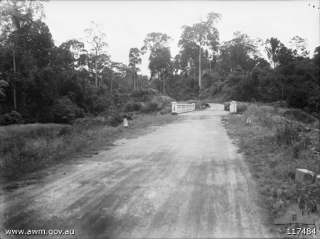 Gemencheh Bridge
AWM caption reads:
GEMENCHEH, NEGRI SEMBILAN, MALAYA. 1945-09-25. THE BRIDGE (MIDDLE DISTANCE) OVER THE GEMENCHEH RIVER WHERE, ON THE 1942-01-14 MEMBERS OF THE 2/30TH AUSTRALIAN INFANTRY BATTALION SUPPORTED BY NO. 30 BATTERY, 2/15TH AUSTRALIAN FIELD REGIMENT AND THE 4TH AUSTRALIAN ANTI-TANK REGIMENT AMBUSHED AND KILLED SOME 600 JAPANESE SOLDIERS (57 MILE PEG.)
Keywords: 100105c