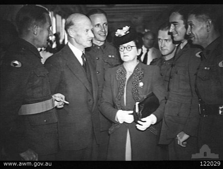 Ex POWs arrive in Sydney on board the Hospital Ship ORANJE, 28/9/1945
AWM caption reads:
DARLING HARBOUR, SYDNEY, NSW 1945-09-28. LIEUTENANT GENERAL GORDON BENNETT, FORMER GENERAL OFFICER COMMANDING THE 8TH DIVISION AND MRS ASHETON FROM THE 8TH DIVISION WOMENS AUXILIARY TALKING TO EX PRISONERS OF WAR. LEFT TO RIGHT: LIEUTENANT MCLEAN, 2/20TH BATTALION; LIEUTENANT WANKE, 2/4TH MOTOR AMBULANCE CONVOY; LIEUTENANT GENERAL GORDON BENNETT; MRS ASHETON; LIEUTENANT ROSE 2/20TH BATTALION; LIEUTENANT BARNES, 2/18TH BATTALION AND CAPTAIN LANNERCRAFT, 2/30TH BATTALION. (PHOTOGRAPHER L/CPL E. MCQUILLAN)

The above information is not correct - LANNERCRAFT should read LAMACRAFT, and Lt. ROSE could be Lt. ROWE.

Left to right:
1) NX50465 - MACLEAN, Alan Hutchings, Lt. - 2/20 Bn.
2) NX70343 (N76069) - BENNETT, Henry Gordon, Lt. Gen. - HQ 8 Div.
3) ? - WANKE, Lt. - 2/4 Motor Ambulance Convoy
4) Mrs. ASHETON - 8 Div. Womens' Auxillary
5) NX46215 - ROWE, John Clyde, Lt. - 2/20 Bn (possible)
6) ? - BARNES, Lt. - 2/18 Bn.
7) NX34738 - LAMACRAFT, Alfred Howard Maudslay, Capt. - O/C C Company, E.D.
    - returned to Australia on the Hospital Ship ORANJE, which arrived in Sydney on 28/9/1945
Keywords: 100105c