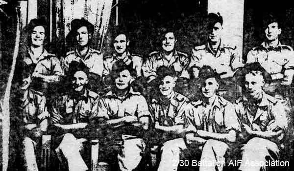 D Company, 18 Platoon
Some of 18 Platoon "D" Coy - Photo taken at Batu Pahat, Christmas 1941, and lent to your Editor by "Sluggo" Jones.

The photo was taken by a commercial photographer at Batu Pahat, who operated under the name Ma Lee. He showed up later in Singapore as a Japanese officer. Spies and fifth columnists were everywhere.

Left to right:

Back row:
1) NX2536 - UPCROFT, Ernest Bruce (Bruce), Pte. - D Company, 18 Platoon
2) NX60594 - STUART, Lloyd Thomas, Pte. - D Company, 18 Platoon
3) NX47833 - WEST, Jack Sydney (Jackie), Pte. - D Company, 18 Platoon
4) NX47505 - MORGAN, Gordon Russell (Tommy), Pte. - D Company, 18 Platoon
5) NX51831 - GALBRAITH, William Martin (Bill), Pte. - D Company, 18 Platoon
6) NX51660 - CAREY, John Peter (Jack), Pte. - D Company, 18 Platoon

Front row:
1) NX37732 - PHILLIPS, Ernest William (Ernie), Pte. - D Company, 18 Platoon
2) NX47685 - WELLS, Robert Frederick (Hook or Bob), Pte. - D Company, 18 Platoon
3) NX47597 - HOGAN, Martin Leo (Leo), Pte. - D Company, 18 Platoon
4) NX47761 - JONES, Baden Stanley (Sluggo), Pte. - D Company, 18 Platoon
5) NX10661 - CAREY, Luke Robert, Pte. - HQ Company, Mortar Platoon
6) NX47750 - BRACE, Albert Ernest (Snowy), Pte. - D Company, 18 Platoon 
Keywords: Makan231