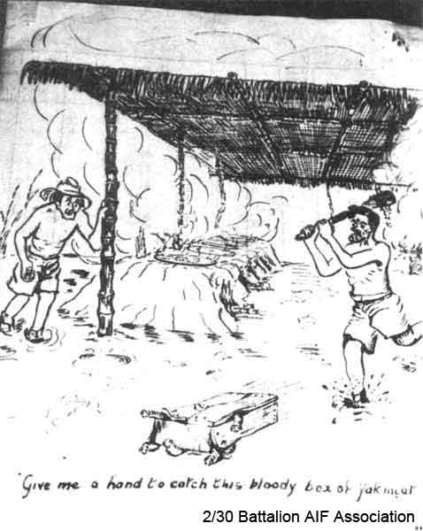 Ted Campbell - sketch 4 of 8
"Give me a hand to catch this bloody box of Yak meat."

One of eight sketches drawn by Ted Campbell, HQ Coy in 1944.

NX36677 - CAMPBELL, Edward Stewart (Ted), Pte. - HQ Company, Carrier Platoon
Keywords: Makan246