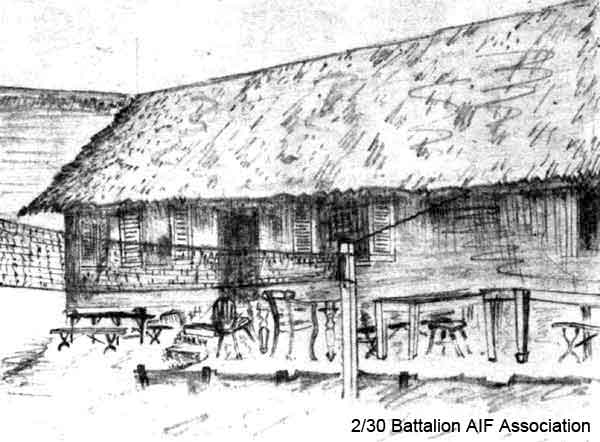 Andy Hyslop - sketch 2 of 4
One of four pencil sketches of some Officers' Quarters outside Changi Gaol, by Andy Hyslop.

NX46739 - HYSLOP, Andrew (Andy), Lt. - BHQ, Intell.
Keywords: Makan246