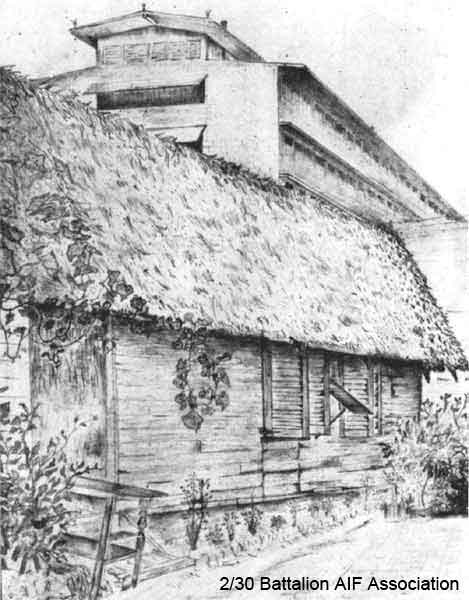 Andy Hyslop - sketch 3 of 4
One of four pencil sketches of some Officers' Quarters outside Changi Gaol, by Andy Hyslop.

NX46739 - HYSLOP, Andrew (Andy), Lt. - BHQ, Intell.
Keywords: Makan246