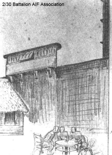 Andy Hyslop - sketch 4 of 4
One of four pencil sketches of some Officers' Quarters outside Changi Gaol, by Andy Hyslop.

NX46739 - HYSLOP, Andrew (Andy), Lt. - BHQ, Intell.
Keywords: Makan246