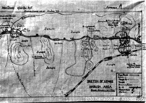 1979 Tour, Day 04
Gemencheh Bridge 14/1/1979 - sketch map of ambush position forward and Battalion position 3 to 4 miles in rear at 61 mile peg.

Included in the report of the 2/30 Bn Group Tour to Malaysia and Singapore. See details in [url=http://www.230battalion.org.au/Makan/Issues/Makan248.htm#Day04]Makan 248, Day 4, 14/1/1979.[/url]
Keywords: Makan248