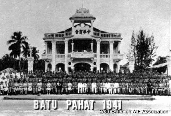 1979 Tour, Day 06
Batu Pahat 16/1/1979 - Photo of Officers, WOs and NCOs of 2/30 Bn with their hosts of the Chinese Chamber of Commerce in 1941, at Batu Pahat.

The Japanese later executed many of the Chinese businessman in the photo. This was because they were beleived to have aided the Chinese war effort against the Japanese invaders in China.

Included in the report of the 2/30 Bn Group Tour to Malaysia and Singapore. See details in [url=http://www.230battalion.org.au/Makan/Issues/Makan248.htm#Day06]Makan 248, Day 6, 16/1/1979.[/url]
Keywords: Makan248