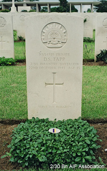 NX54739 - TAPP, David Slader, Pte. - HQ Company, Mortar Platoon
Kranji War Cemetery, Singapore, Grave 2.C.8

NX54739 Private
D.S. TAPP
2/30 Infantry Battalion
22nd December 1943 Age 35

Lest we forget
Keywords: NX54739 Kranji