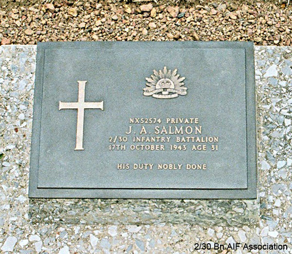 NX52574 - SALMON, John Alfred, Pte. - 2/29 Battalion
Thanbyuzayat War Cemetery, Burma (Myanmar), Grave A16.B.9

NX52574 Private
J.A. SALMON
2/30 Infantry Battalion
17th October 1943 Age 31

His duty nobly done
Keywords: NX52574 Thanbyuzayat