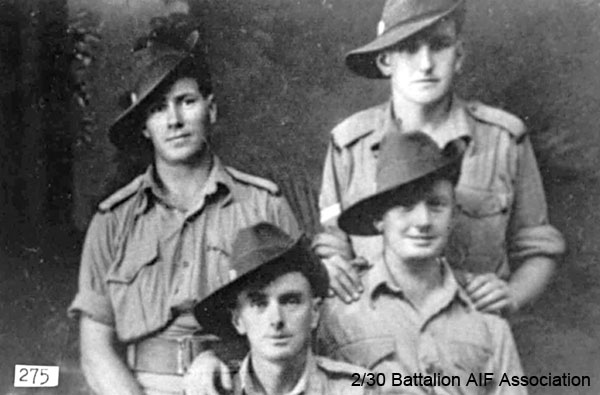 Some of D Company at Batu Pahat
Left to right:

Back row:
1) NX47271 - ELLIOTT, Lawrence (Bill), Pte. - D Coy. 16 Pl. 
2) NX51730 - ISAAC, Arthur William John (Ike), A/U/L/Sgt. - D Coy. 17 Pl.

Front row:
1) NX45717 - MARTIN, Carl Andrew (Kingie), Pte. - D Coy. 16 Pl. 
2) NX65549 - MUSGROVE, Sydney Kitchener (Sid), Pte. - D Coy. 17 Pl. 
