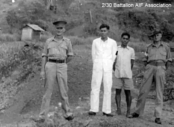 Batu Pahat, 1941
At the mine behind the town of Batu Pahat.

Left to right:
1) NX26295 - DAWSON, Leonard Percy (Gobble Gobble), WO2 - HQ Coy. CSM. 
2) Sgt. SULAIMEN (johore Force)
3) Indian Mine Engineer
4) NX34437 - MITCHELL, James (Jim), S/Sgt. - HQ Coy. CQMS. Doi Khorkan
