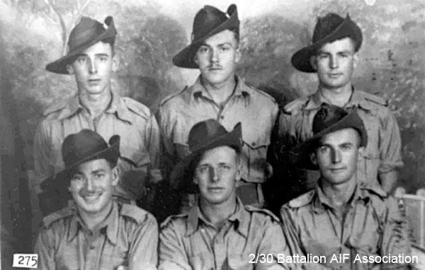 B Company, 10 Platoon
Taken in a studio in Singapore.

Left to right:
Back row:
1) NX29704 - SMITH, Allen Keith, A/L/Cpl. - D Coy. Storeman
2) NX33364 - CHALMERS, James Leslie (Jim), Pte. - B Coy. 10 Pl. to 8 Div. Sigs. 10/11/1941, Doi Malaya Hamlet (Dysentery)
3) NX37442 - COOMBES, Thomas Joseph (Paddy), Pte. - B Coy. 10 Pl.

Front row:
1) NX26895 - DINNEN, James Peter (Jim), Pte. - B Coy. 10 Pl. to 27 Bde 7/10/1941, rejoined Unit on 26/7/1944
2) NX27349 - PONT, Wallace John (Wally), L/Cpl. - B Coy. 10 Pl. KiA about 3 miles north of Ayer Hitam (Black Water), near Lalang Hill; buried north of Ayer Hitam 1 mile in rear of gravel mixing plant, to the east of the road
3) NX20550 - McLEOD, Thomas Kennedy, A/Cpl. - B Coy. 10 Pl. Ex "A" Force; sent from Thailand to Japan after Railway completed; Rakuyo Maru torpedoed and sunk 12/9/1944 by US submarine
