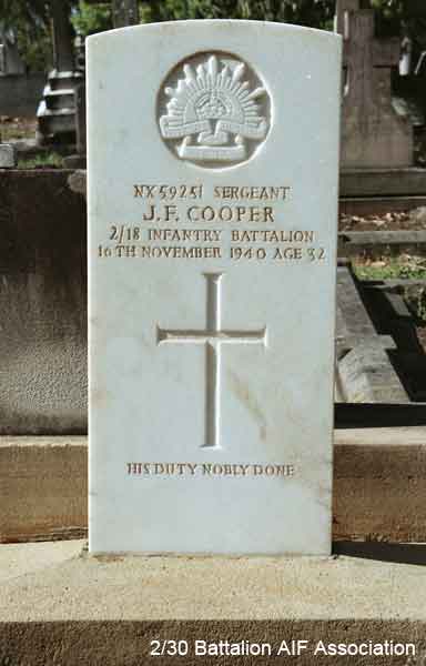 NX59251 - COOPER, J.F., Sgt. - 2/18 Bn
The Commonwealth War Graves Commission, and the Office of Australian War Graves, provides and maintains headstones and memorial plaques, for eligible deceased veterans.

This headstone is an example of the type installed in a general cemetery.
