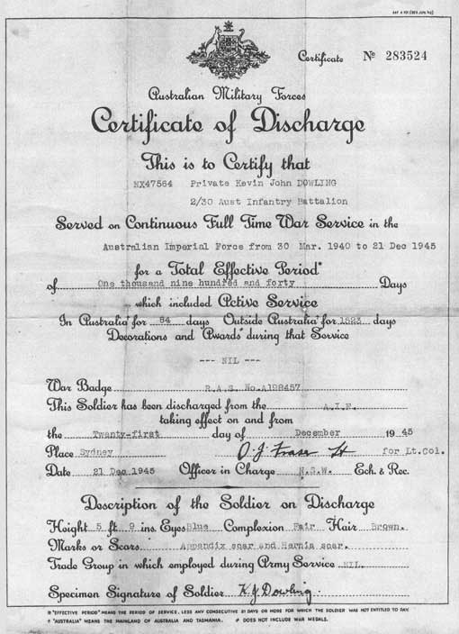 Discharge Certificate
Certificate of Discharge for NX47564 - Kevin John DOWLING, Pte. - A Company, 9 Platoon
