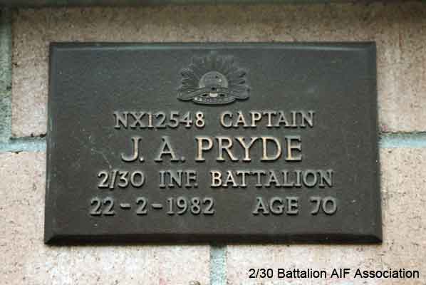 NX12548 - PRYDE, John Alan (Gula), Capt. - BHQ, QM.
View of the bronze plaque erected in the NSW Garden of Remembrance on Wall 1, Row A. The garden is adjacent to Sydney War Cemetery at the Rookwood Necropolis, and is maintained by The Office of Australian War Graves.

The plaques are provided by The Office of Australian War Graves to commemorate eligible veterans who have died post war and whose deaths are accepted as being caused by war service. This form of commemoration is used when there is a private memorial elesewhere, or for some reason, the Office is unable to provide an official memorial at the relevant Cemetery or Crematorium.
Keywords: 1