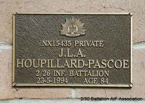 NX15435 - PASCOE (Houpillard), Jon Lancelot Ashley (Hoopla), Pte. - B Company, 12 Platoon
View of the bronze plaque erected in the NSW Garden of Remembrance on Wall 29, Row J. The garden is adjacent to Sydney War Cemetery at the Rookwood Necropolis, and is maintained by The Office of Australian War Graves.

The plaques are provided by The Office of Australian War Graves to commemorate eligible veterans who have died post war and whose deaths are accepted as being caused by war service. This form of commemoration is used when there is a private memorial elesewhere, or for some reason, the Office is unable to provide an official memorial at the relevant Cemetery or Crematorium.
