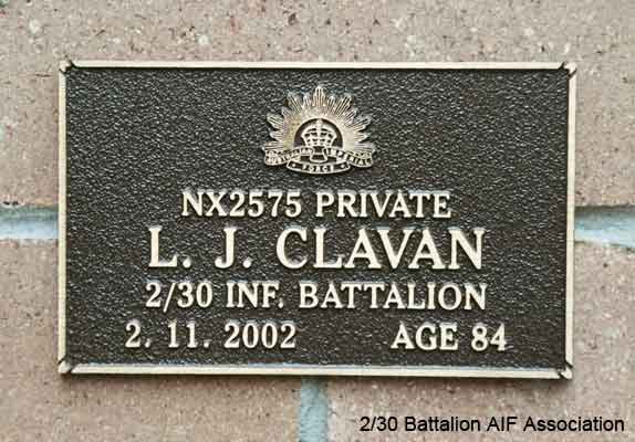 NX2575 - CLAVAN, Leonard James (Len), Pte. - HQ Company, Transport Platoon
View of the bronze plaque erected in the NSW Garden of Remembrance on Wall 22, Row K. The garden is adjacent to Sydney War Cemetery at the Rookwood Necropolis, and is maintained by The Office of Australian War Graves.

The plaques are provided by The Office of Australian War Graves to commemorate eligible veterans who have died post war and whose deaths are accepted as being caused by war service. This form of commemoration is used when there is a private memorial elesewhere, or for some reason, the Office is unable to provide an official memorial at the relevant Cemetery or Crematorium.
