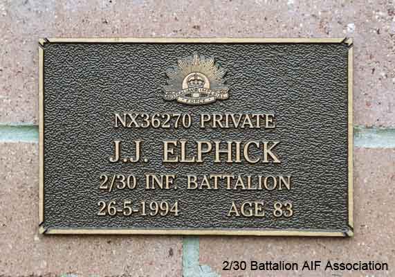 NX36270 - ELPHICK, James Jack (Jack), Pte. - BHQ, Band
View of the bronze plaque erected in the NSW Garden of Remembrance on Wall 20, Row G. The garden is adjacent to Sydney War Cemetery at the Rookwood Necropolis, and is maintained by The Office of Australian War Graves.

The plaques are provided by The Office of Australian War Graves to commemorate eligible veterans who have died post war and whose deaths are accepted as being caused by war service. This form of commemoration is used when there is a private memorial elesewhere, or for some reason, the Office is unable to provide an official memorial at the relevant Cemetery or Crematorium.
