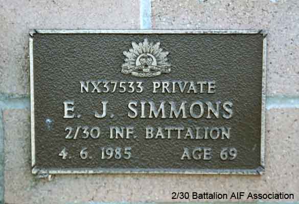 NX37533 - SIMMONS, Eric John, Pte. - B Company
View of the bronze plaque erected in the NSW Garden of Remembrance on Wall 47, Row C. The garden is adjacent to Sydney War Cemetery at the Rookwood Necropolis, and is maintained by The Office of Australian War Graves.

The plaques are provided by The Office of Australian War Graves to commemorate eligible veterans who have died post war and whose deaths are accepted as being caused by war service. This form of commemoration is used when there is a private memorial elesewhere, or for some reason, the Office is unable to provide an official memorial at the relevant Cemetery or Crematorium.
