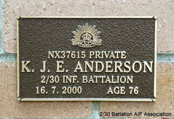 NX37615 - ANDERSON, Kelvin John Eric (Kel), Pte. - C Company, 13 Platoon
View of the bronze plaque erected in the NSW Garden of Remembrance on Wall 26, Row H. The garden is adjacent to Sydney War Cemetery at the Rookwood Necropolis, and is maintained by The Office of Australian War Graves.

The plaques are provided by The Office of Australian War Graves to commemorate eligible veterans who have died post war and whose deaths are accepted as being caused by war service. This form of commemoration is used when there is a private memorial elesewhere, or for some reason, the Office is unable to provide an official memorial at the relevant Cemetery or Crematorium.
