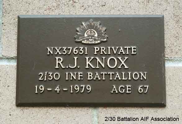 NX37631 - KNOX, Raymond Charles (Andy), Pte. - C Company, 14 Platoon
View of the bronze plaque erected in the NSW Garden of Remembrance on Wall 3, Row E. The garden is adjacent to Sydney War Cemetery at the Rookwood Necropolis, and is maintained by The Office of Australian War Graves.

The plaques are provided by The Office of Australian War Graves to commemorate eligible veterans who have died post war and whose deaths are accepted as being caused by war service. This form of commemoration is used when there is a private memorial elesewhere, or for some reason, the Office is unable to provide an official memorial at the relevant Cemetery or Crematorium.
