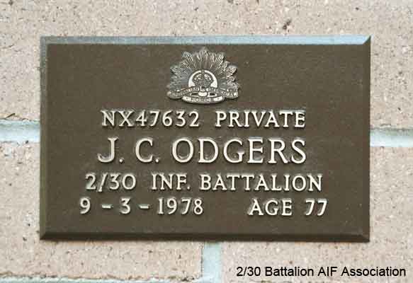 NX47632 - ODGERS, Jack Carlyle (Carl), Pte. - HQ Company, Transport Platoon
View of the bronze plaque erected in the NSW Garden of Remembrance on Wall 8, Row H. The garden is adjacent to Sydney War Cemetery at the Rookwood Necropolis, and is maintained by The Office of Australian War Graves.

The plaques are provided by The Office of Australian War Graves to commemorate eligible veterans who have died post war and whose deaths are accepted as being caused by war service. This form of commemoration is used when there is a private memorial elesewhere, or for some reason, the Office is unable to provide an official memorial at the relevant Cemetery or Crematorium.
