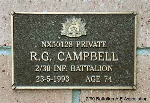NX50128 - CAMPBELL, Robert Gordon (Heck), Pte. - A Company, 8 Platoon
View of the bronze plaque erected in the NSW Garden of Remembrance on Wall 32, Row L. The garden is adjacent to Sydney War Cemetery at the Rookwood Necropolis, and is maintained by The Office of Australian War Graves.

The plaques are provided by The Office of Australian War Graves to commemorate eligible veterans who have died post war and whose deaths are accepted as being caused by war service. This form of commemoration is used when there is a private memorial elesewhere, or for some reason, the Office is unable to provide an official memorial at the relevant Cemetery or Crematorium.
