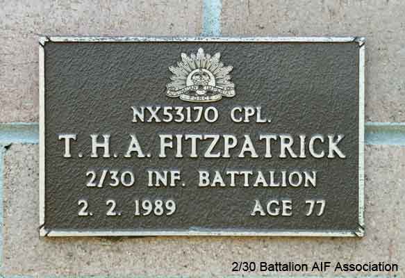NX53170 - FITZPATRICK, Thomas Henry Arthur, A/Cpl. - BHQ, RAP
View of the bronze plaque erected in the NSW Garden of Remembrance on Wall 57, Row C. The garden is adjacent to Sydney War Cemetery at the Rookwood Necropolis, and is maintained by The Office of Australian War Graves.

The plaques are provided by The Office of Australian War Graves to commemorate eligible veterans who have died post war and whose deaths are accepted as being caused by war service. This form of commemoration is used when there is a private memorial elesewhere, or for some reason, the Office is unable to provide an official memorial at the relevant Cemetery or Crematorium.
