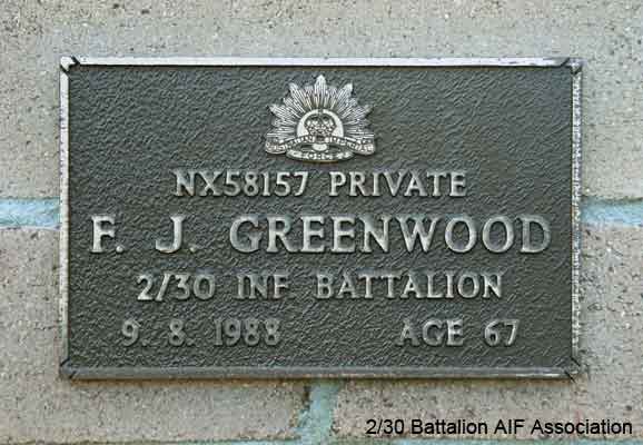 NX58157 - GREENWOOD, Frederick John (Jack), Pte. - HQ Company, Mortar Platoon
View of the bronze plaque erected in the NSW Garden of Remembrance on Wall 45, Row C. The garden is adjacent to Sydney War Cemetery at the Rookwood Necropolis, and is maintained by The Office of Australian War Graves.

The plaques are provided by The Office of Australian War Graves to commemorate eligible veterans who have died post war and whose deaths are accepted as being caused by war service. This form of commemoration is used when there is a private memorial elesewhere, or for some reason, the Office is unable to provide an official memorial at the relevant Cemetery or Crematorium.
