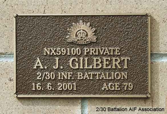 NX59100 - GILBERT, Allen John, L/Cpl. - B Company, 12 Platoon
View of the bronze plaque erected in the NSW Garden of Remembrance on Wall ?39 Row I. The garden is adjacent to Sydney War Cemetery at the Rookwood Necropolis, and is maintained by The Office of Australian War Graves.

The plaques are provided by The Office of Australian War Graves to commemorate eligible veterans who have died post war and whose deaths are accepted as being caused by war service. This form of commemoration is used when there is a private memorial elesewhere, or for some reason, the Office is unable to provide an official memorial at the relevant Cemetery or Crematorium.
