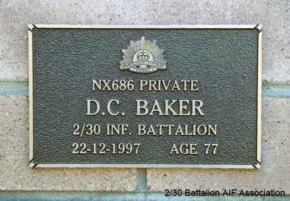 NX686 - BAKER, David (Dave), Pte. - HQ Company, Pioneer Platoon
View of the bronze plaque erected in the NSW Garden of Remembrance on Wall 29, Row E. The garden is adjacent to Sydney War Cemetery at the Rookwood Necropolis, and is maintained by The Office of Australian War Graves.

The plaques are provided by The Office of Australian War Graves to commemorate eligible veterans who have died post war and whose deaths are accepted as being caused by war service. This form of commemoration is used when there is a private memorial elesewhere, or for some reason, the Office is unable to provide an official memorial at the relevant Cemetery or Crematorium.
Keywords: NX686BAKER