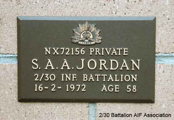 NX72156 - JORDAN, Sydney Alfred Arthur (Sid), Pte. - BHQ, Band
View of the bronze plaque erected in the NSW Garden of Remembrance on Wall 12, Row C. The garden is adjacent to Sydney War Cemetery at the Rookwood Necropolis, and is maintained by The Office of Australian War Graves.

The plaques are provided by The Office of Australian War Graves to commemorate eligible veterans who have died post war and whose deaths are accepted as being caused by war service. This form of commemoration is used when there is a private memorial elesewhere, or for some reason, the Office is unable to provide an official memorial at the relevant Cemetery or Crematorium.
