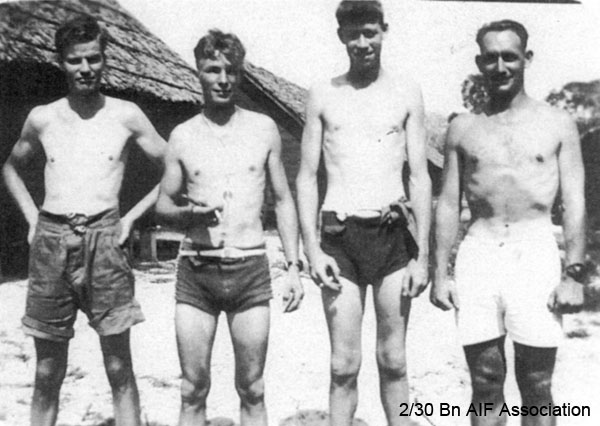 Relaxing in Malaya, 1941
"Some of the lads that were relaxing"
NX72575 - CONN, Edward John (Jack), Pte. - HQ Company, Signals Platoon
Left to right:
1) unknown
2) unknown
3) unknown
4) unknown
Keywords: NX72575