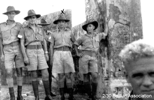 On a trip from Batu Pahat to Malacca
In some ruins in the city, Malacca, 1941
Left to right:
1) unknown
2) unknown
3) unknown (at rear)
4) NX47951 - NAGLE, Athol Gervase, L/Sgt. - B Ord. Room
5) unknown
6) unknown (in front)  
Keywords: batupahat