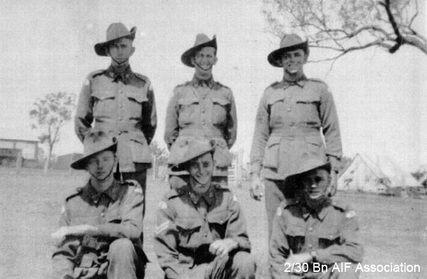 Bathurst, 1941
Left to right:

Back row:
1) unknown
2) unknown
3) unknown

Front row:
1) unknown
2) NX45449 - GEAR, Neville Lance, Pte., D Company, 17 Platoon
3) unknown
Keywords: bathurstcamp