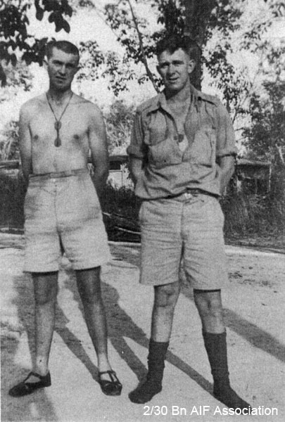 At camp in Malaya, 1941
"A mate and myself"
Left to right:
1) NX72575 - CONN, Edward John (Jack),  Pte. - HQ  Company, Sig. Platoon
2) unknown
Keywords: NX72575