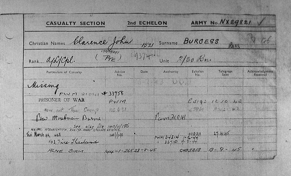Casualty Card - NX29821
Record card maintained by Casualty section, 2nd Echelon, for NX29821 - A/L/Cpl. Clarence John BURGESS.
Keywords: 100321a