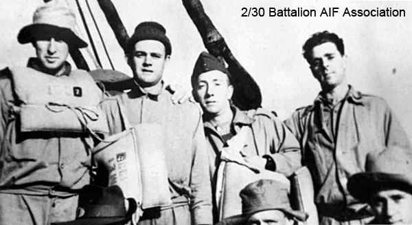 On the Johan
Life boat drill on the  Johan Van Oldenbarnevelt (HMT FF). Wal Eather and some of "C" Company.

Left to right:

Back row:
1) NX41134 - EATHER, Walter Barnett (Wal), Sgt. - C Company, 15 Platoon
2) NX37294 - FORWARD, Kenneth (Frank Walter Leslie) (Ken), Pte. - C Company, 13 Platoon
3) NX37305 - KENTWELL, Ronald (Popeye), Pte. - C Company, 13 Platoon
4) NX37296 - JONES, Ashley Chave, Pte. - C Company, 13 Platoon

Front row (partly obscured):
1) NX36377 - RANDLE, Francis George Edward (Frank), Pte. - C Company, 15 Platoon
2) NX55568 - CONEN, Sidney Graham (Sid), Pte. - C Company, 14 Platoon
3) NX46920 - HEDWARDS, Cornelius Michael (Con), Pte. - C Company, 14 Platoon
Keywords: Johan Makan264