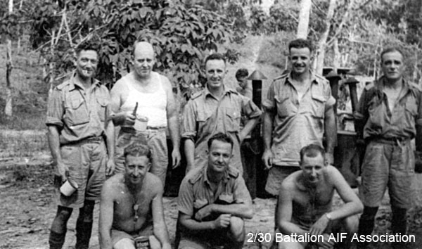 On manouvre near Nee Soon
A B Echelon group on a manouvre near Nee Soon, Singapore.

Left to right:
Back row:
1) NX26955 - FRANKS, Richard Lawrence (Dick), Pte. - BHQ. Bn. Store. Repatriated 31/12/1941
2) NX32830 - BROWN, Lewis Patrick (Lew), Sgt. - BHQ. Bn. Store. 
3) NX29810 - HANNAN, Francis Patrick (Frank), Pte. - BHQ. Bn. Store. 
4) NX32560 - WRIGHT, Eric Stanley (Curly), Pte. - BHQ. Bn. Q. Store. 
5) NX26165 - SKINNER, Richard Percival (Bob), Pte. - BHQ. HWPDU Pl.

Front row:
1) NX36610 - LAWSON, Roy Harold (Jerry), A/U/Cpl. - BHQ. Butcher. 
2) NX59108 - DEVEIGNE, Wilfred Joseph (Jimmy), A/U/Cpl. - BHQ. Bn. Store. 
3) NX36474 - GALVIN, Michael Mammurtus (Mick), Pte. - D Coy. 16 Pl. Doi Sonkurai 3 (Pneumonia)
