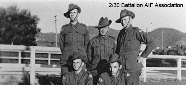 Carrier Platoon
Carrier Platoon at Bathurst.

Left to right:

Back row:
1) NX20450 - MASON, Peter, Cpl. - HQ Company, Carrier Platoon  
2) NX25780 - GODLEY, David, Pte. - HQ Company, Carrier Platoon
3) NX22631 - PASS, Leonard Arthur, Pte. - HQ Company, Carrier Platoon, transferred to RAAF
Front row:
1) NX20446 - WALLACE, Scott James (Scotty), Pte. - HQ Company, Carrier Platoon
2) NX54034 - CHRISTOFF, George Joseph, Sgt. - HQ Company, Carrier Platoon
